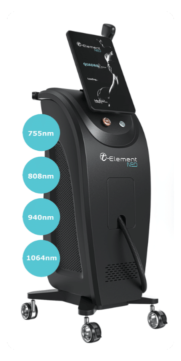Laser T-Element Neo – Technologie multi-longueurs d’onde Appareil laser T-Element Neo utilisant quatre longueurs d’onde pour traiter tous les types de peau chez Clin’Epil.