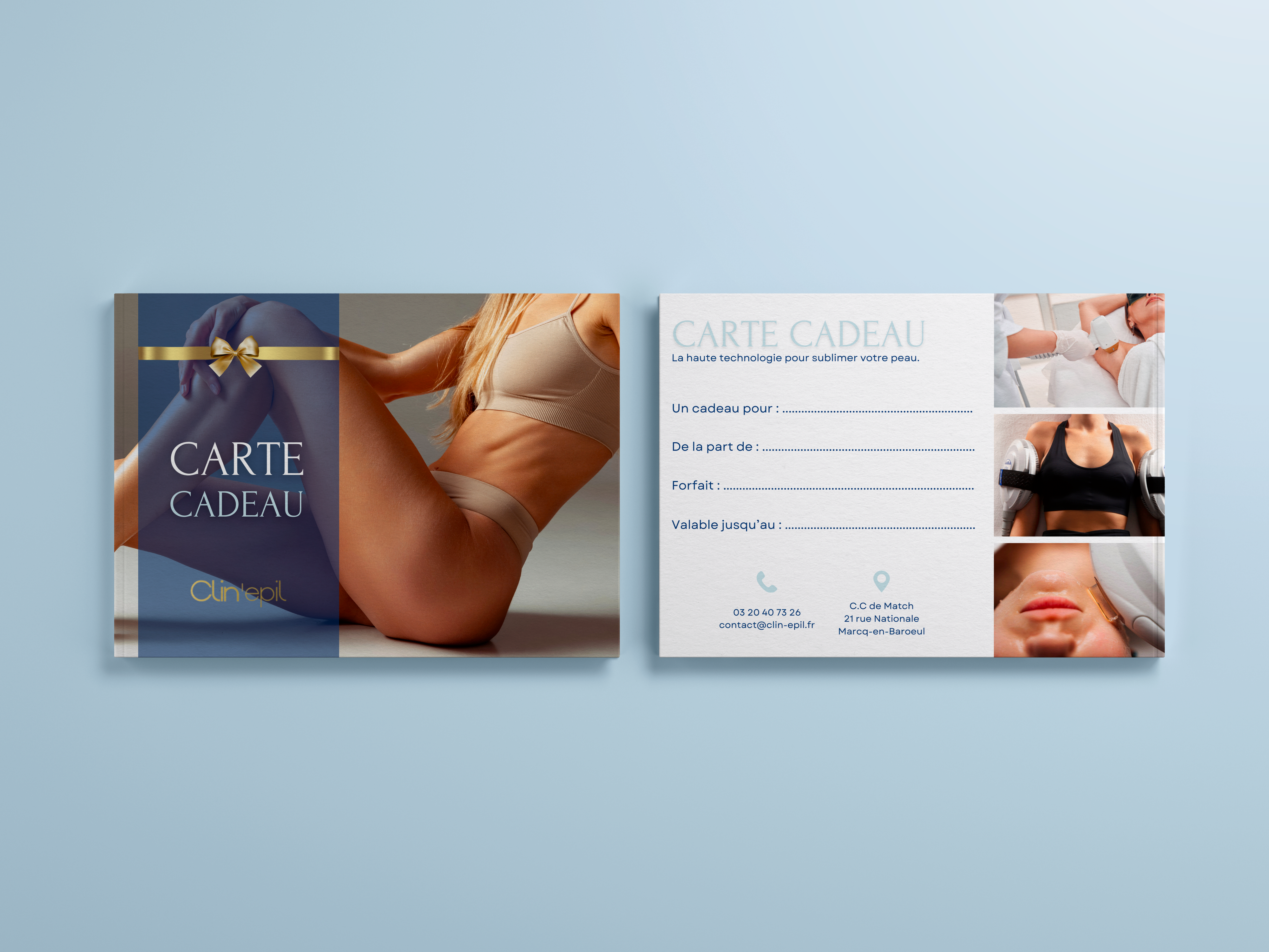Carte cadeau Clin’Epil offrant la possibilité d’offrir un soin bien-être et haute technologie.