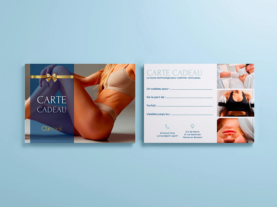 Carte cadeau Clin’Epil offrant la possibilité d’offrir un soin bien-être et haute technologie.